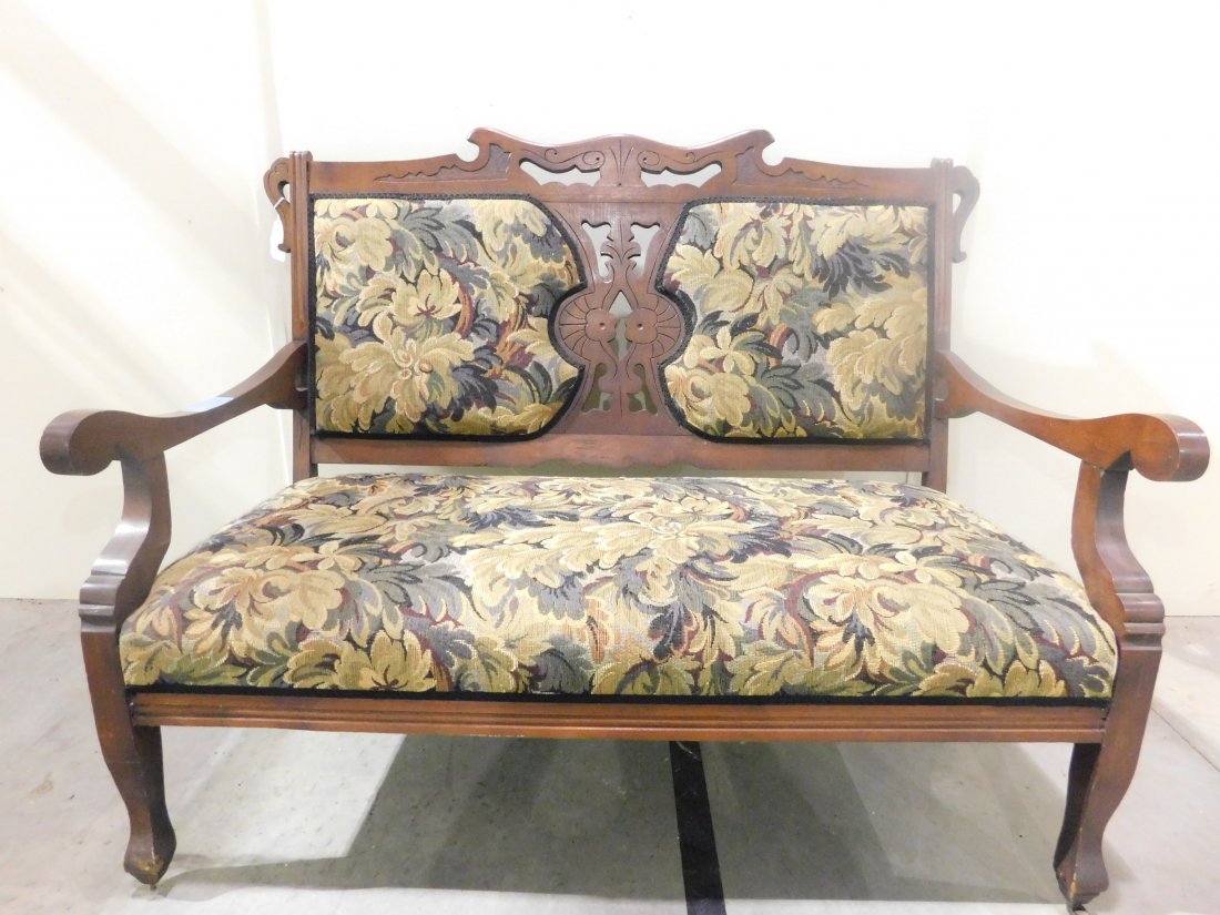 victorian settee: victorian settee wooden frame with padded seat and back with floral design some light wear overall very good condition matches lot 1036