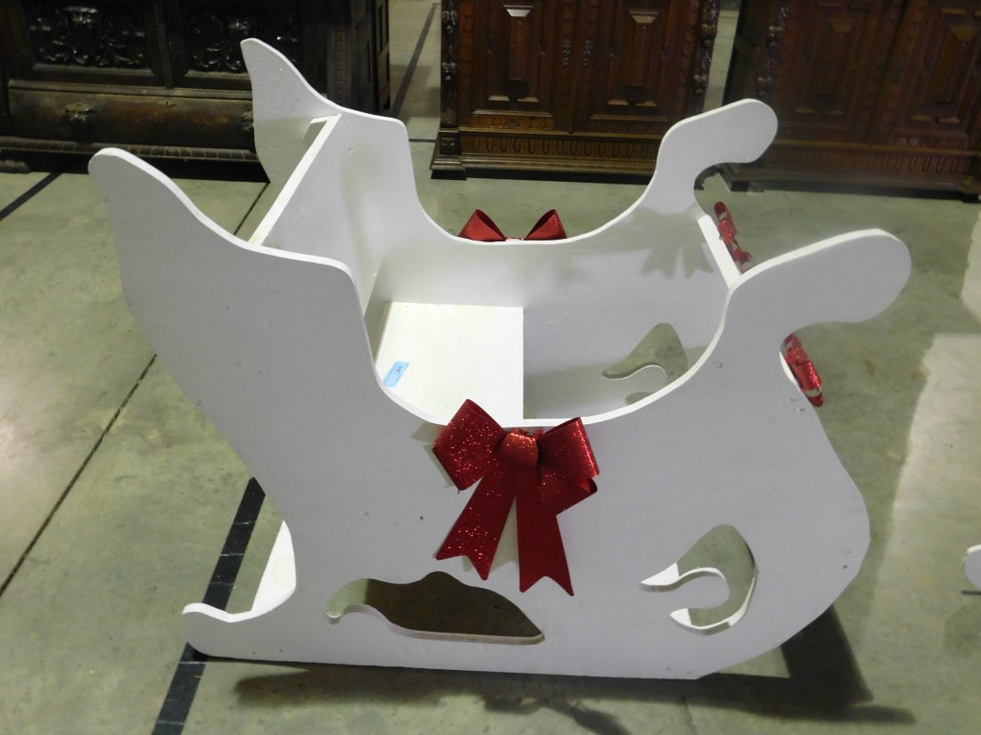 wooden Santa: wooden sleigh for Christmas display painted white approx. 43" long 25 1/2" wide 36" tall in excellent condition