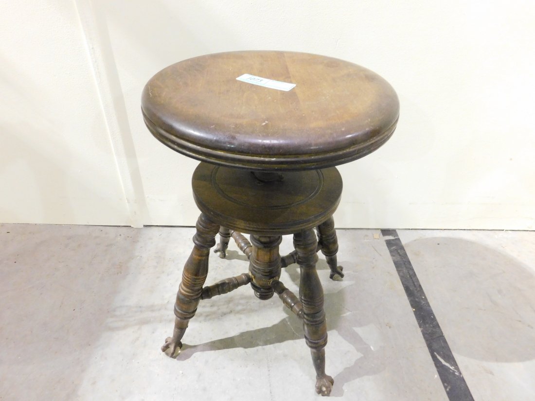 Piano Stool with Claw Feet: Wooden adjustable height swivel piano stool, with glass ball claw feet. Good Condition.