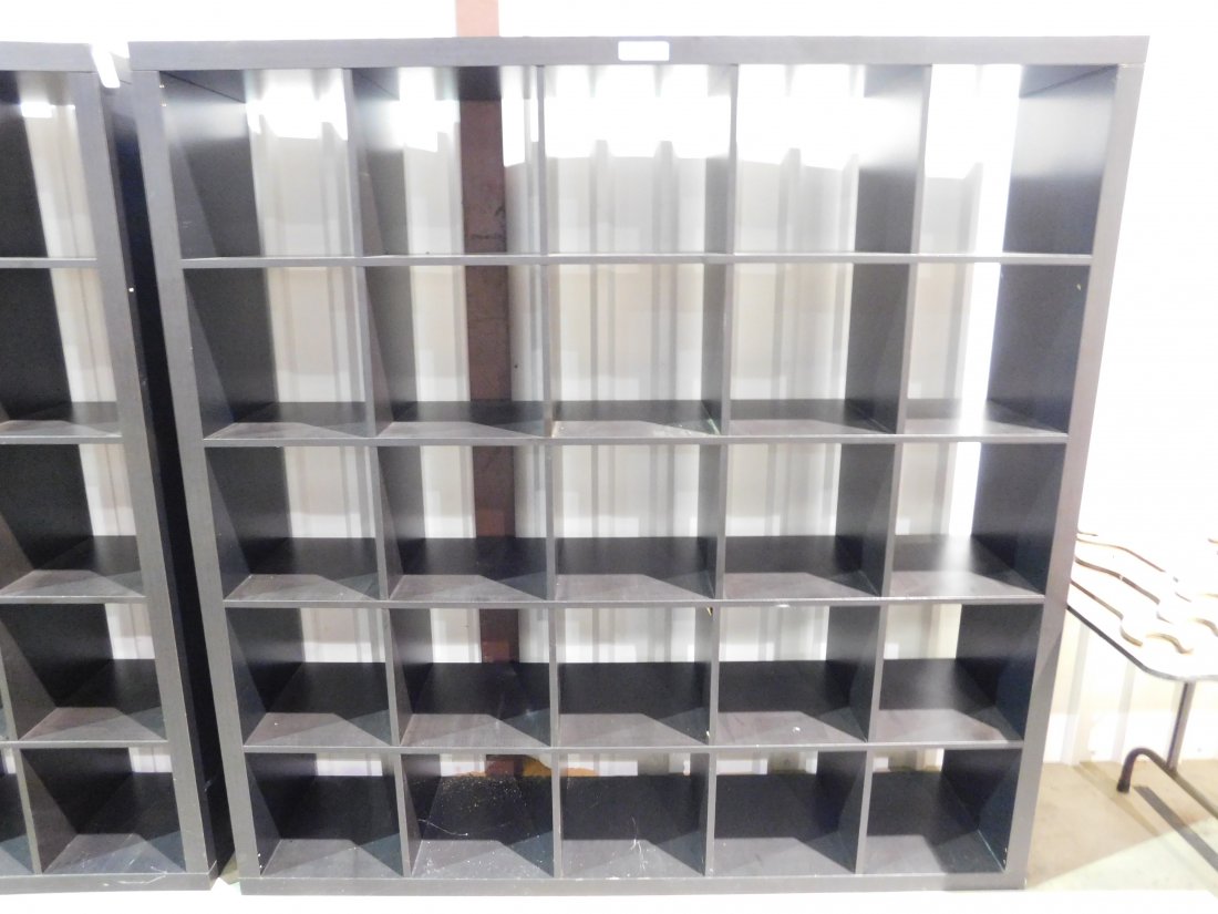 Wooden Cubicle Display Shelving Unit: Wooden cubicle display shelving unit, dark finish. NOTE: Lots 1095, 1096 and 1097 are all matching units, being sold separately. Approx. 72 3/4 inches wide, 15 3/8 inches deep, 72 3/4 inch tall. 25 cu