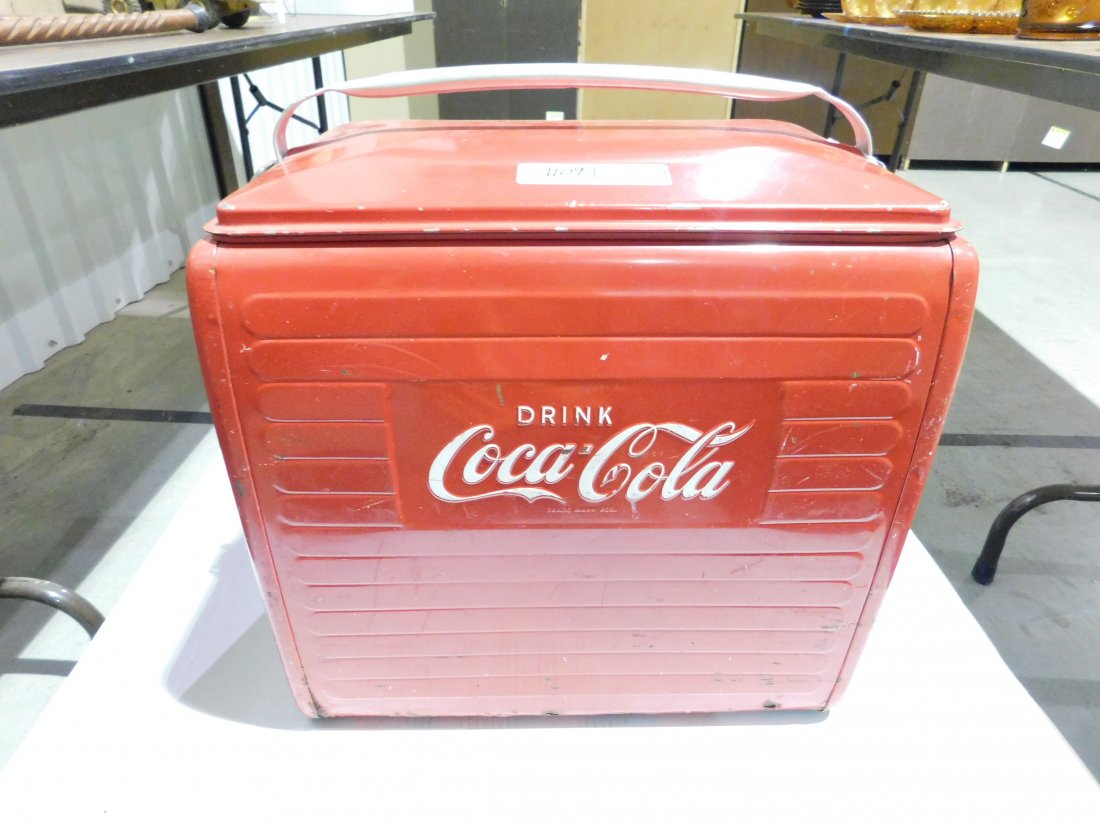 Coca-Cola Cooler: Coca-Cola cooler, steel, embossed with DRINK COCA-COLA. Manufactured by ST. THOMAS METAL SIGNS LTD. Complete with lid and inner tray. Rust on bottom, displays nicely, see picutres.