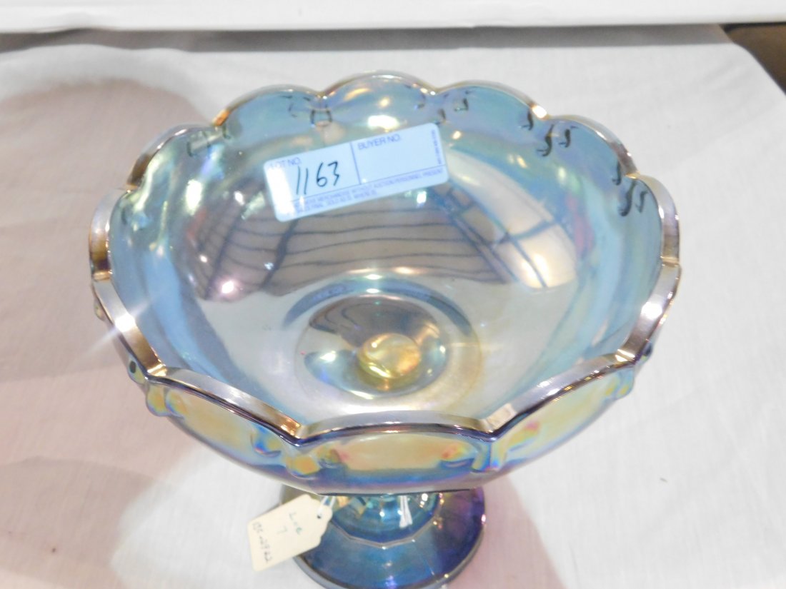 blue carnival glass compote on pedestal: blue carnival glass compote on pedestal, approx. 8 1/2\" diameter, 7 1/2\" tall. excellent condition no chips or cracks