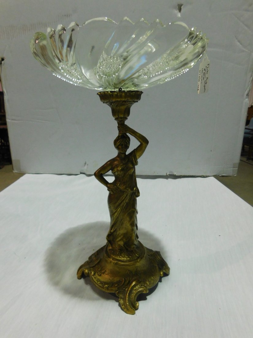 Phebe Aug Moreau metal and glass compote: large metal and glass compote marked Phebe Aug Moreau on base. approx. 15" tall, 9 1/2" diameter, excellent condition, no chips or cracks