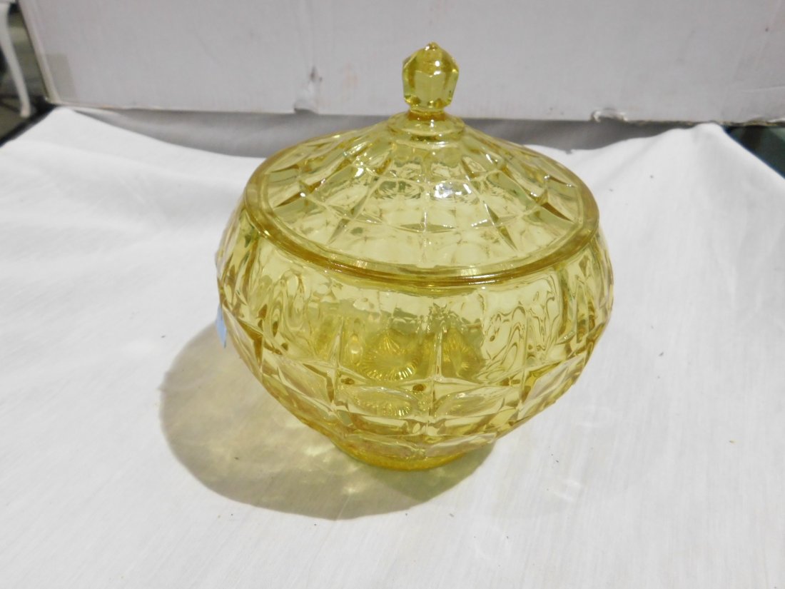 Indiana Glass Candy Jar with Lid: Indiana Glass tiara constellation yellow candy jar with lid. Approx. 8 inches tall, 7 1/2 inch diameter. Very good condition, no chips or scratches.