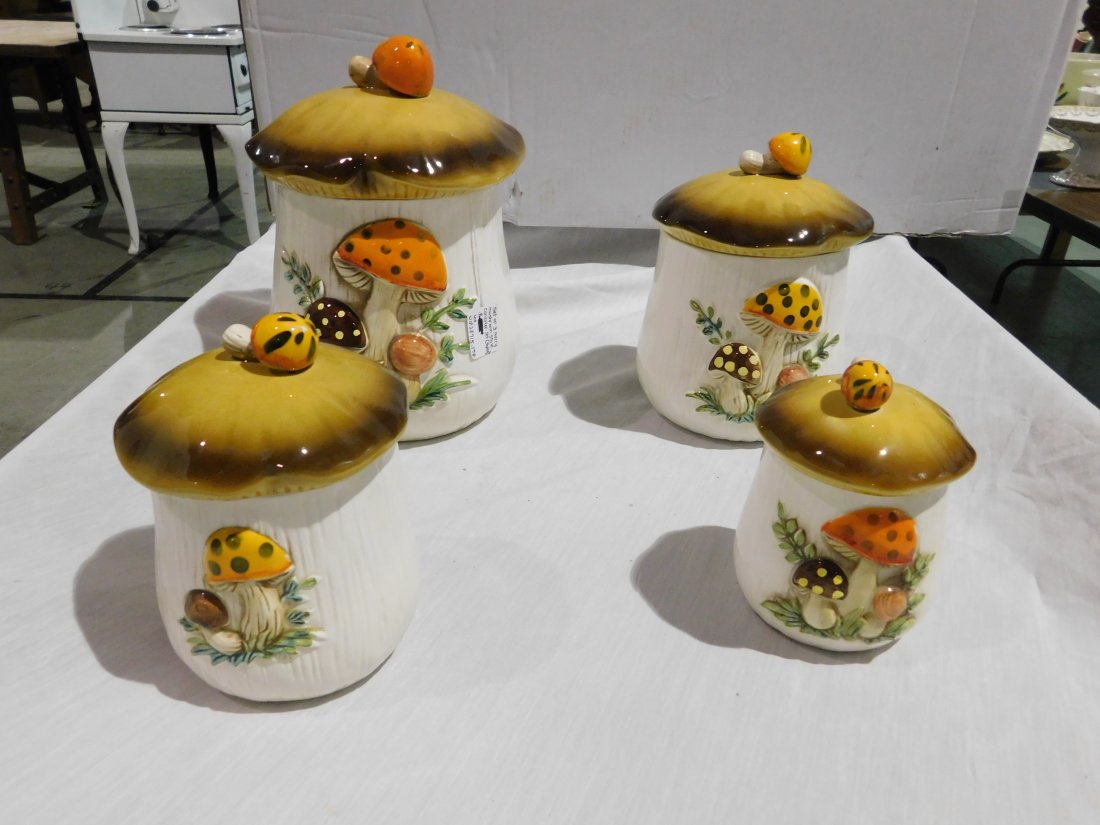 Four Piece Merry Mushroom Style Cannister Set: Four piece ceramic Merry Mushroom style cannister set, made in Japan. Very good condition, no chips or cracks.