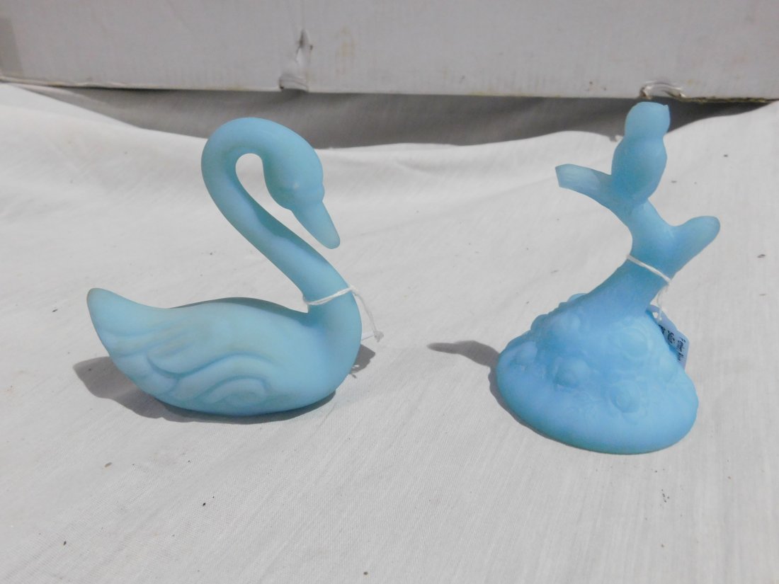 Two Fenton Satin Blue Pieces: Fenton blue satin swan, and Fenton blue satin owl on a branch ring holder. Both very good condition, no chips or cracks.