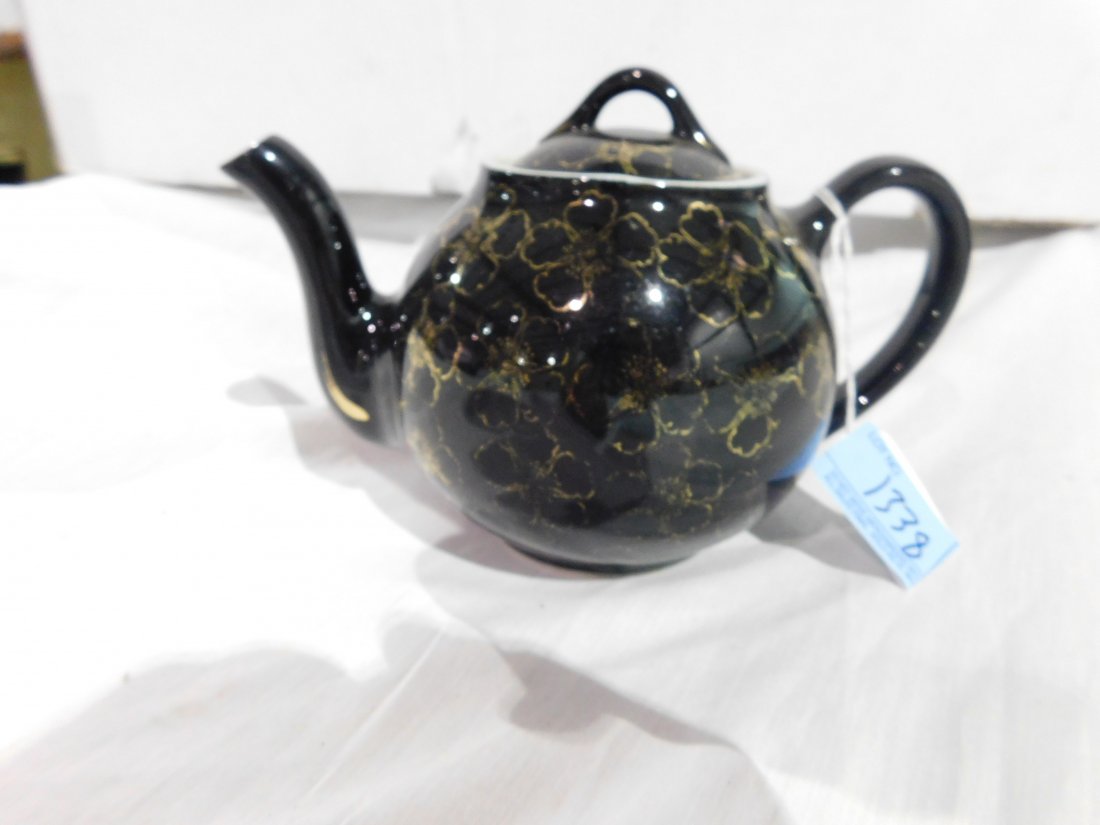 Hall 6 Cup Ceramic Black w/ Gold Floral Design Tea Pot: Hall 6 Cup ceramic black w/ gold floral design Tea Pot with lid. Very good condition, no chips or cracks.