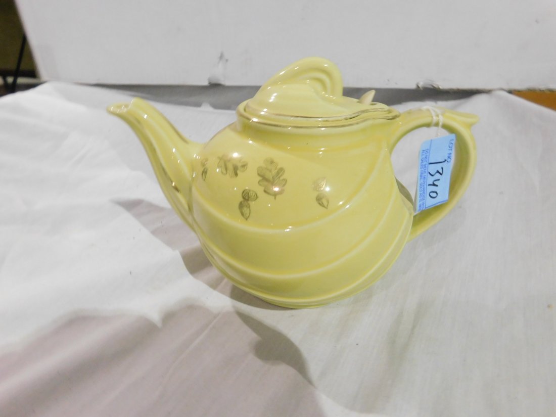 Hall 6 Cup Tea Pot: Hall 6 Cup ceramic Tea Pot with lid. Yellow with gold trim, leaves and acorns. Light wear, otherwise good condition, no chips or cracks.