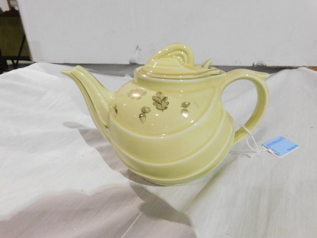 Hall 6 Cup Tea Pot: Hall 6 Cup ceramic Tea Pot with lid, yellow with gold trim, leaves and acorns. Good condition, light wear, no chips or cracks.