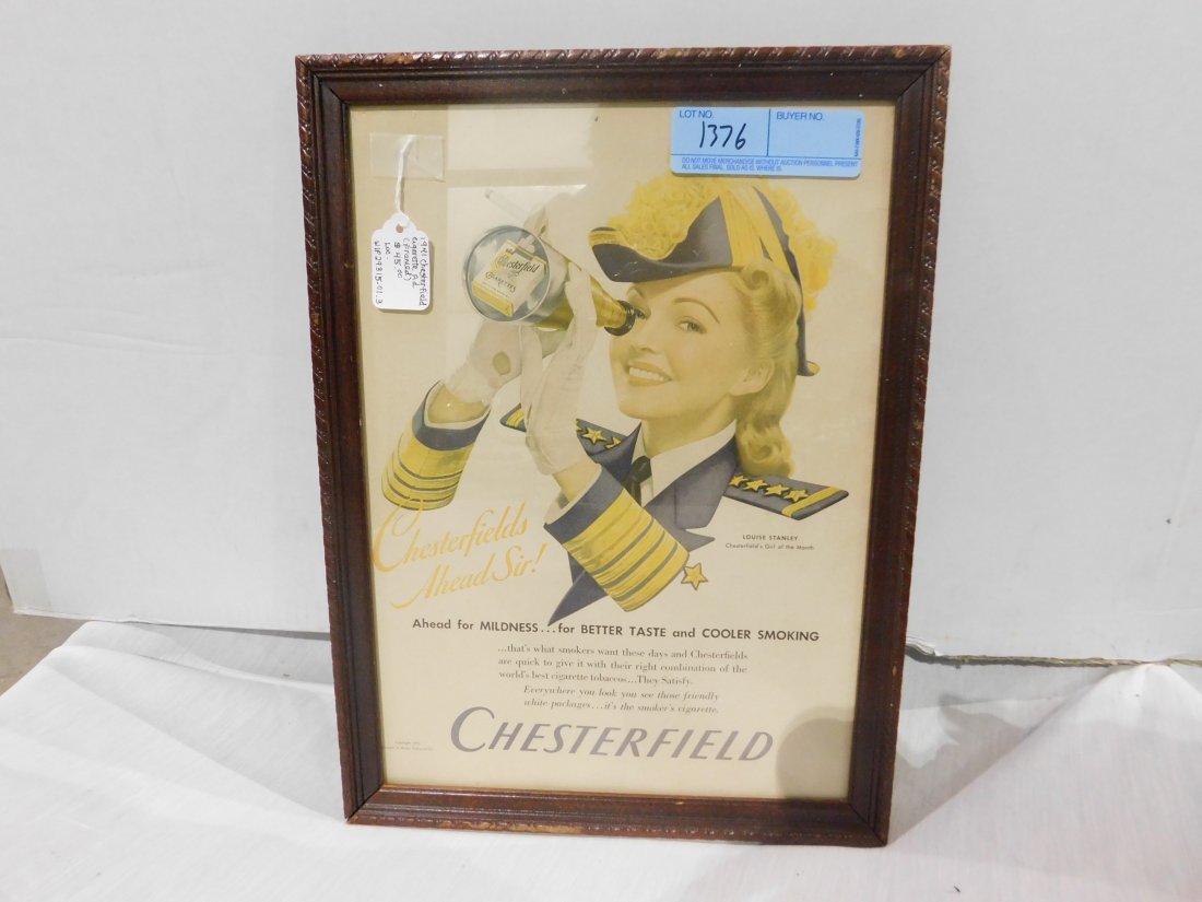 Framed Chesterfield Cigarette Ad: Framed Chesterfield Cigarette ad, 11 inches x 14 inches. Features Louise Stanley, Chesterfield's Girl of the Month. Copyright 1941. Overall very good condition.