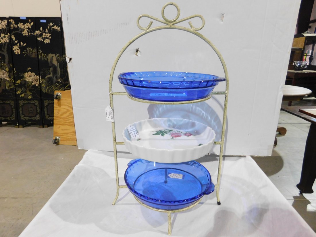 Vintage Metal 3-Tier Serving Stand with Serving Dishes: Vintage metal 3-tier serving stand with 3 serving dishes. Includes 2 cobalt blue 10 inch Pyrex dishes, and one Christineholm china dish, floral design, 9 1/2 inch diameter. Very good condition, no chi