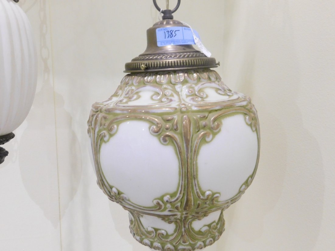 Ornate Hanging Light w/ Large Globe: Ornate hanging light with large globe. Brass. Globe is approx. 11 inch diameter, 13 inches tall. Complete, overall good condition.
