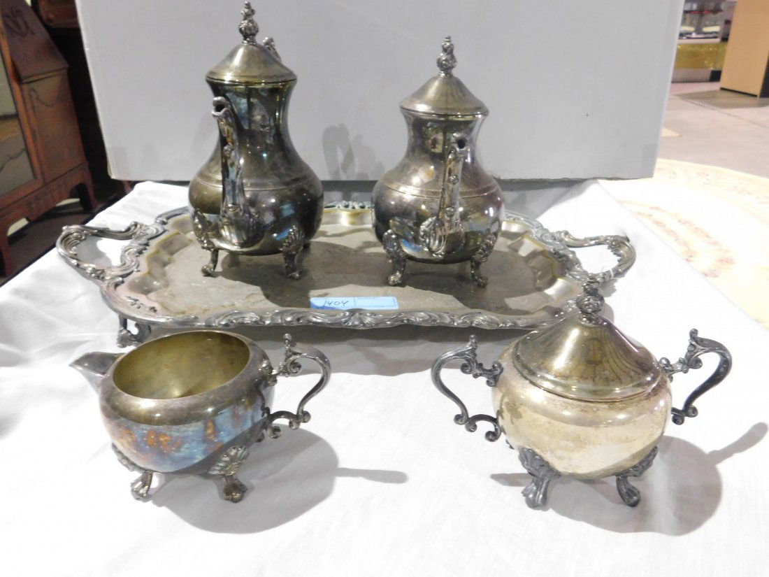 F.B. Rogers Silver Co. 5 Pc Tea & Coffee Set: F.B. Rogers Silver Company 5 piece Tea and Coffee set, includes tray # 6377, tea pot, coffee pot, creamer, sugar bowl with lid (all #2377). Excellent condition.
