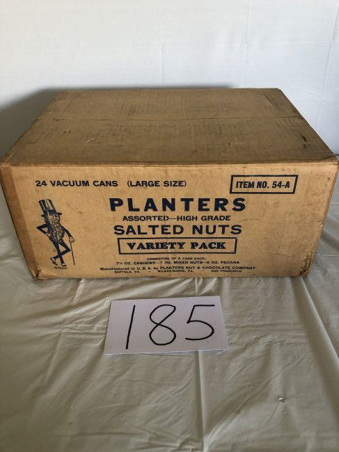 planters peanut cardboard shipping box: planters peanut cardboard shipping box held assorted high grade salted nuts variety pack 24 cans some minor damage on bottom from being opened displays nice please verify auction location for pick up