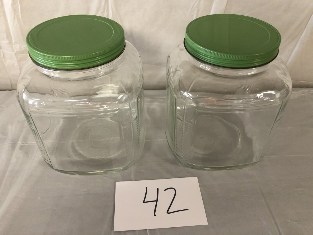 Two Country Store Glass Jars w/ Green Metal Lids (1 of 2)