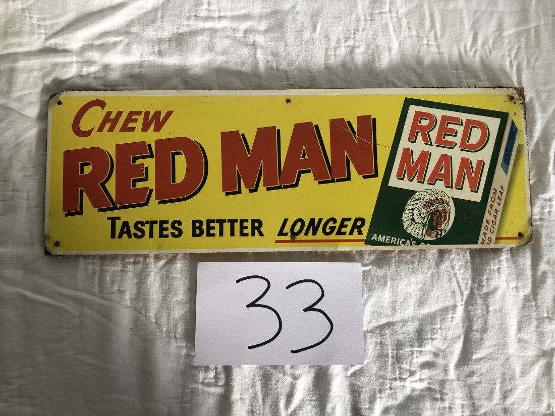 early tin Red Man chewing tobacco country store sign (1 of 2)