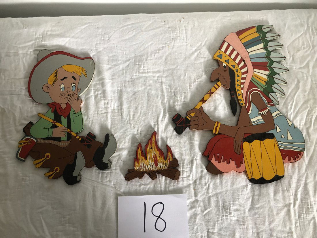3 piece set wood cut out wall hanging cowboy & indian (1 of 2)