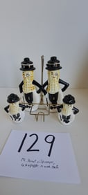 Mr. Peanut ceramic oil&vinegar, salt&pepper in wire rack