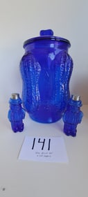 blue Planters Peanut glass  jar w/ s&p shakers