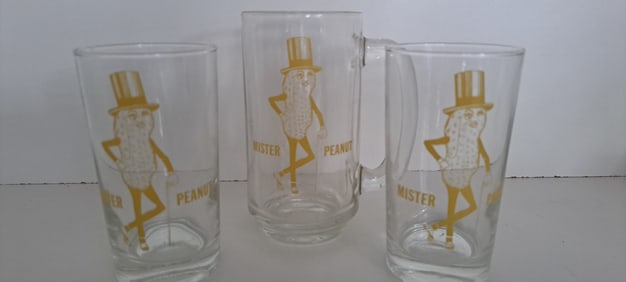 3 Mr. Peanut drinking glasses