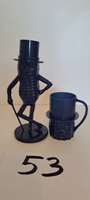 navy blue Mr. Peanut plastic bank and cup