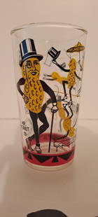 Mr. Peanut circus glass: Planters Peanuts, circus glass, originally held peanut butter, showing large Mr. Peanut and smaller ones doing various circus acts, approx. 5" tall, excellent condition, no chips or cracks, please ver