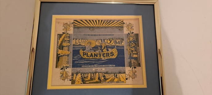 RARE Planters Peanut candy bar wrapper: very rare and early Planters Peanut candy bar wrapper showing Mr. Peanut rowing a peanut shaped canoe on the river with a pretty lady, (possibly the only one known), wrapper is matted and framed, wrap