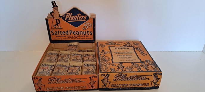 rare Planters Peanuts die-cut box with sample bags: rare Planters Peanuts die-cut cardboard display box, with original cellophane bags filled with sawdust to appear to be full of product, these were made for "model stores" companies donated items like