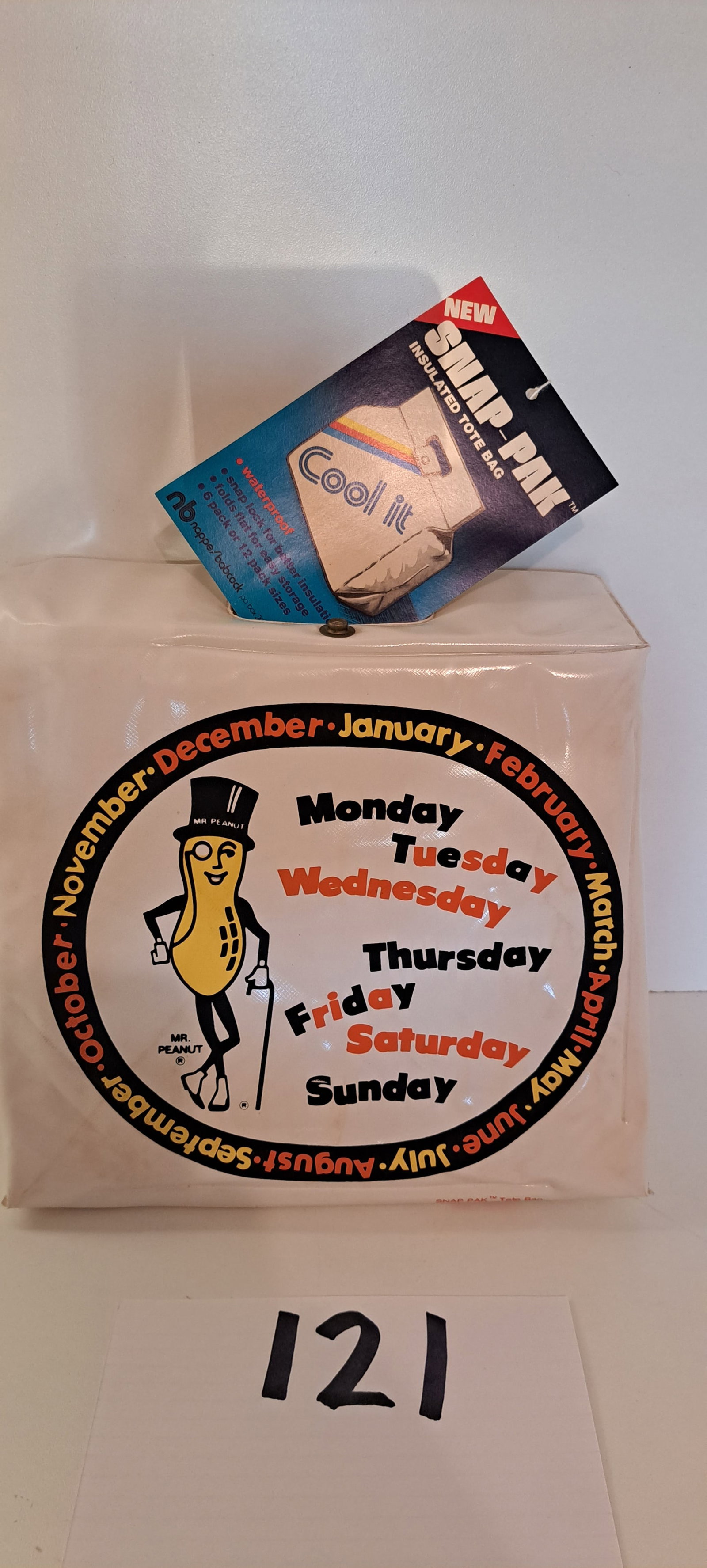Mr. Peanut vinyl cooler bag: Mr. Peanut vinyl, Snap-Pak, cooler bag, made by Dart Industries 1979, NOS, still has tags, please verify auction location if picking up