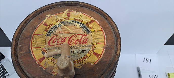 early Coca-Cola 10 gallon wooden barrel: early Coca-Cola, 10 gallon, wooden barrel with paper label, has spout, no bottom, approx. 15" diameter x 21", good condition, please verify auction location if picking up