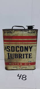 Socony Lubrite 2 gallon oil can: Socony Lubrite motor oil 2 gallon can, shows the pegasus in the shield, has handle and cap, shows some wear, may clean up some, please verify auction location if picking up