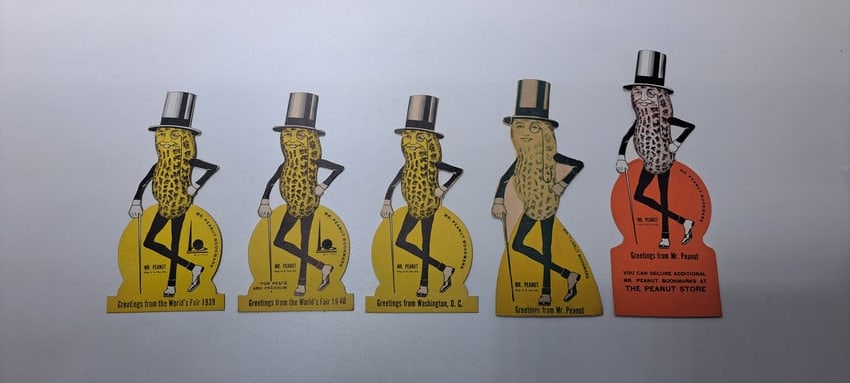 (5) Mr. Peanut bookmarkers: lot of 5 different cardboard, Mr. Peanut bookmarks, 1939, 1940 World's Fair, Washington D. C., The Peanut Store, 6.5" & 8" tall, minor wear, Please note: if picking up, location is different than