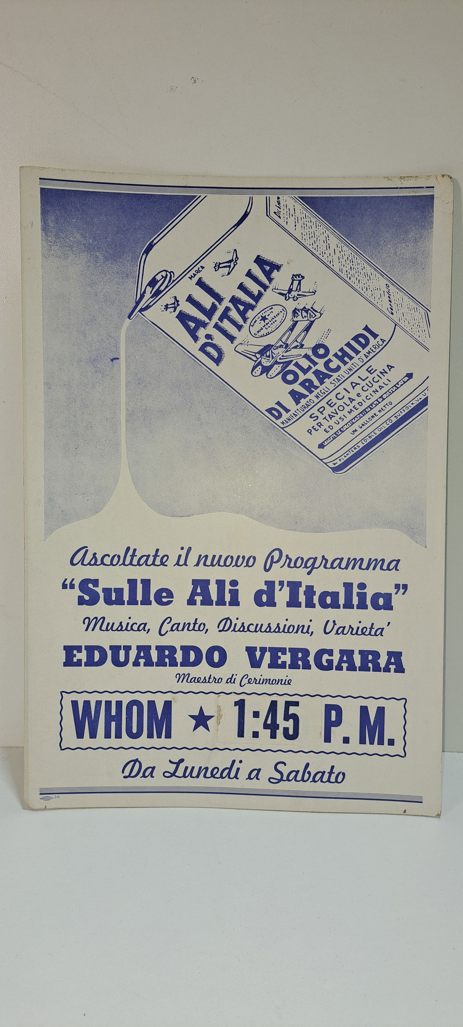 Planters Peanut d'Italia oil sign: Planters Peanuts, d'Italia peanut oil, cardboard advertising sign, shows minor wear on edges, approx. 10" x 14.75", Please note: if picking up, location is different than auction location. Please cont
