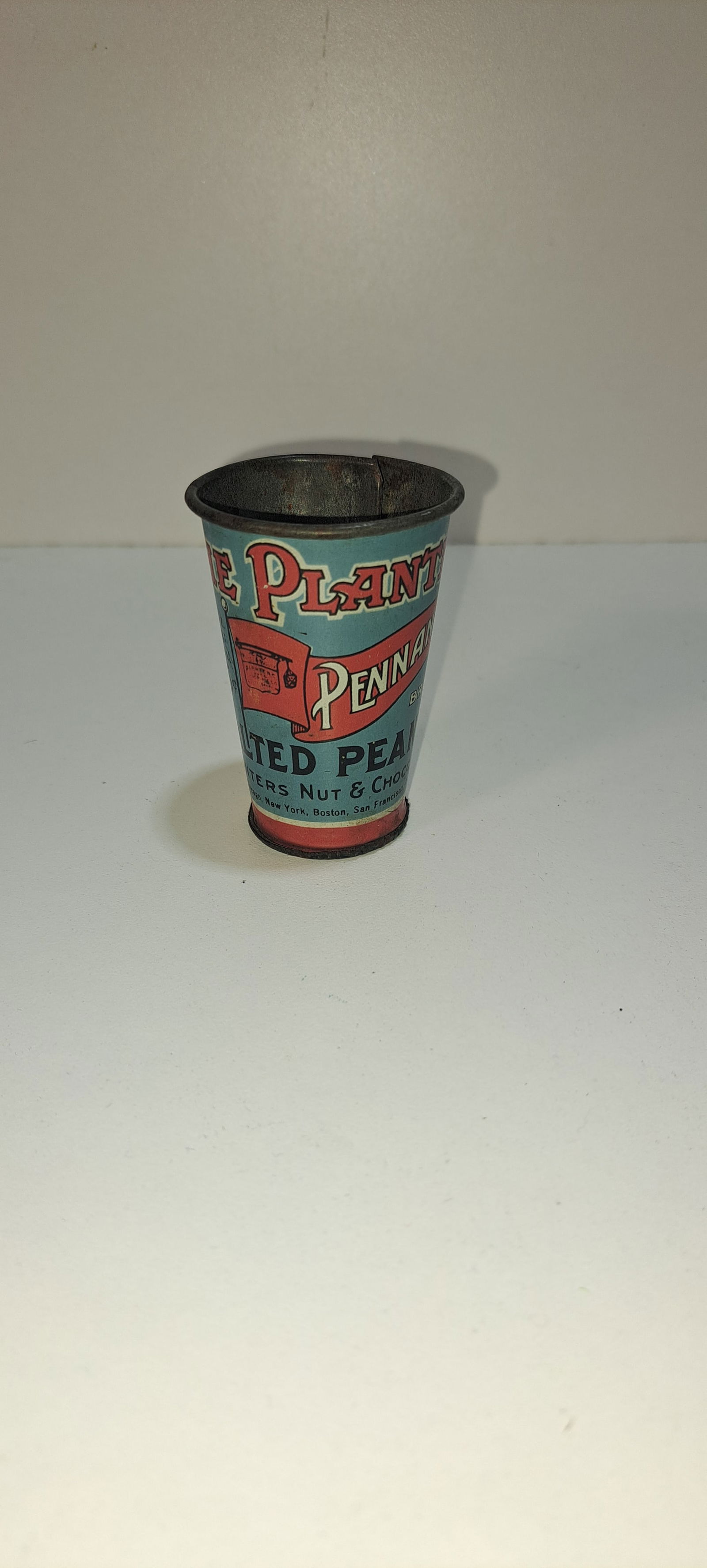 Planters Peanuts 5 cent tin scoop: early, Planters Peanuts 5 cent tin scoop, used to remove peanuts from the jars and place in the bags for customers, minor wear, overall good condition, approx. 2.5" tall, Please note: if picking up, l