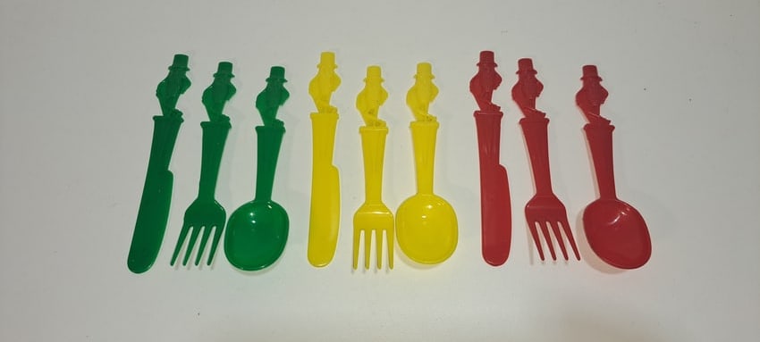3 sets Mr. Peanut child's utensils: 3 sets of plastic, Mr. Peanut, child's knife, fork, and spoon, green, yellow, red, good condition, each approx. 5" long, Please note: if picking up, location is different than auction location.