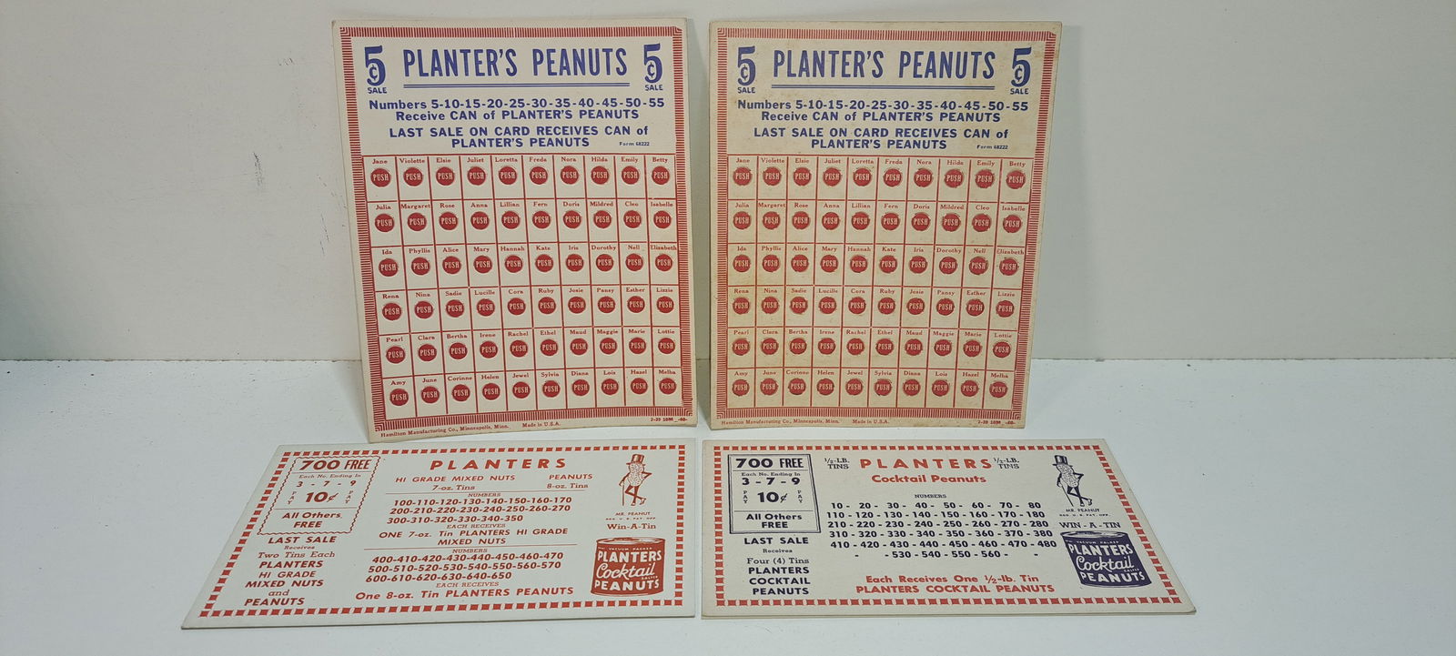 Planters Peanuts pull tab header cards, punchboards: lot of 4 pieces, 2 cardboard pull tab header cards, approx. 4.25" x 7.5", 2 cardboard punch boards, unused, approx. 6" x 7.5", all advertising Planters Peanuts, good condition with minor wear, Please