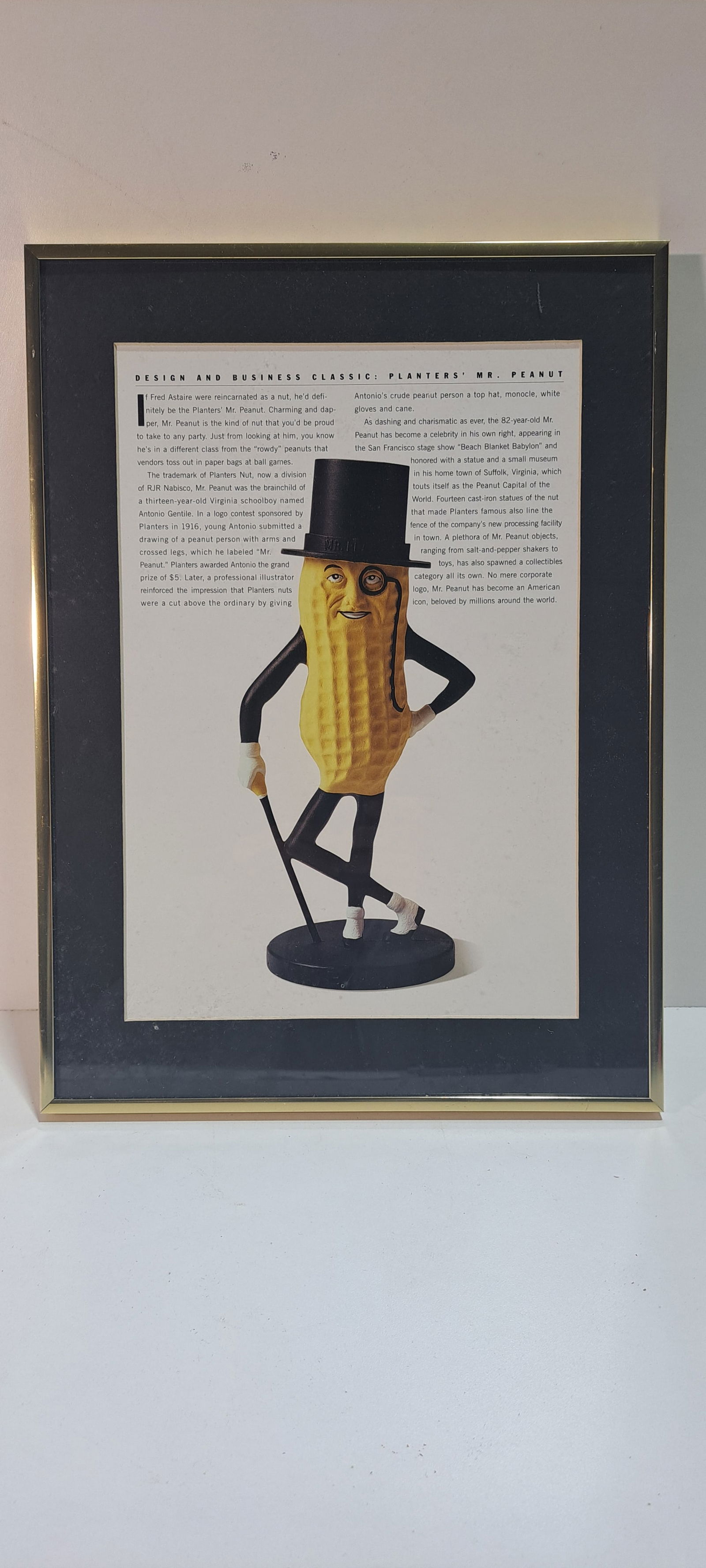 framed article on Mr. Peanut: framed article on Mr. Peanut, good condition with minor wear, approx. 11.25" x 15.25", Please note: if picking up, location is different than auction location. Please contact us for options