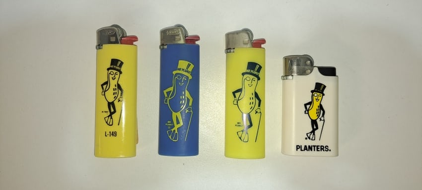 (4) Mr. Peanut lighters: 4 different versions, Mr. Peanut lighters, 3 Bic, 1 made in France, good condition with minor wear, Please note: if picking up, location is different than auction location. Please contact us for optio