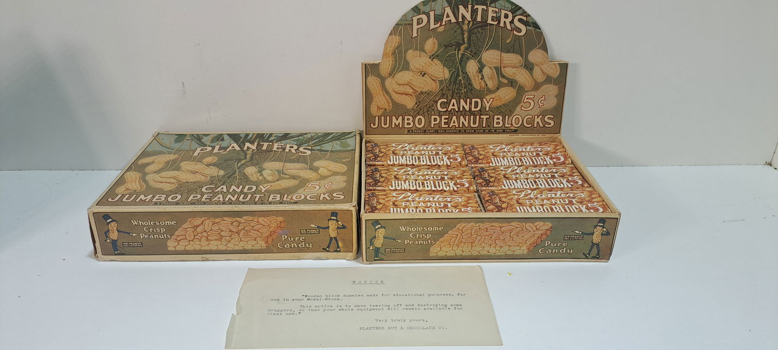 Rare Planters Peanuts display box: Early and rare, Planters Peanuts die-cut, cardboard display box, complete with 24 "dummy blocks", this box was given to a "model store" for educational purposes, letter explaining its intended use is