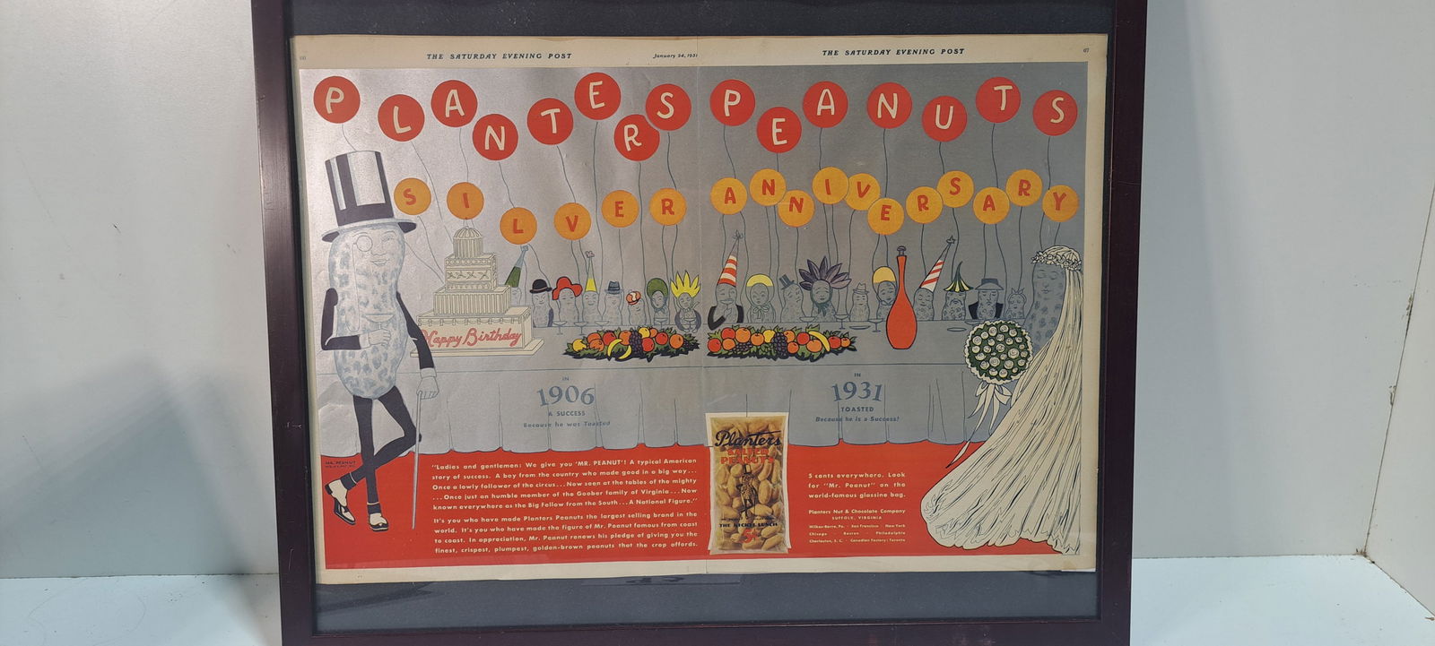 framed Planters Peanuts Ad: framed Planters Peanuts advertising from The Saturday Evening Post, January 24, 1931, Planters silver anniversary, ad itself approx. 13.5" x 19.5", frame approx. 17" x 21", very good condition, Please