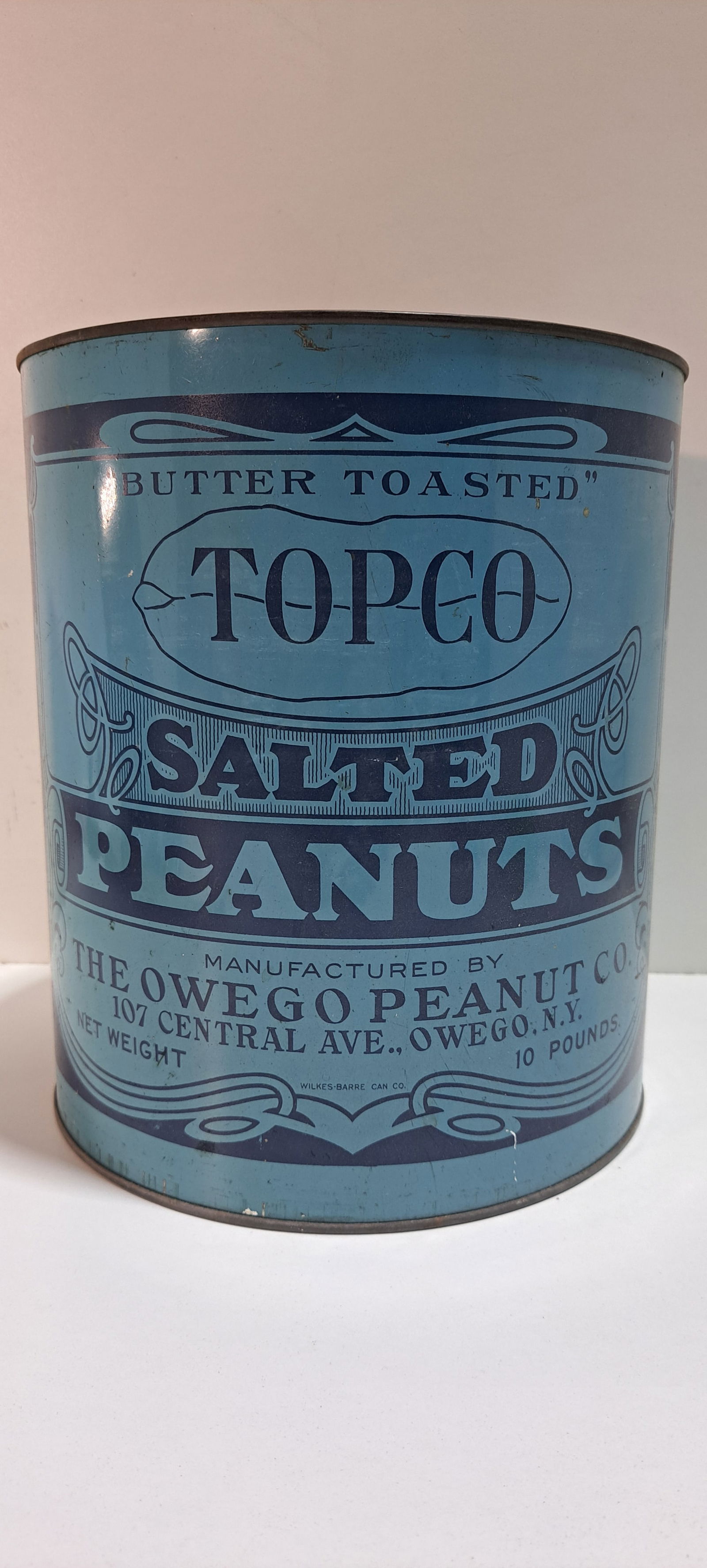 Topco Salted Peanuts tin: Topco Salted Peanuts, The Owego Peanut Co., 10 lb. tin, some light scratches, strong color, no lid, approx. 8.25" diameter, 9.5" tall, Please note: if picking up, location is different than auction