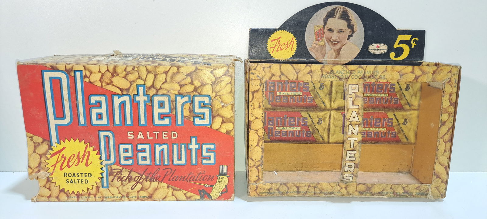 Planters Peanuts cardboard display box: early, Planters Peanuts, die cut display box with outer sleeve, "Planters Always Hit The Spot", with pretty lady, Good Housekeeping seal, box and sleeve show wear, some tears and damage, see pictures,