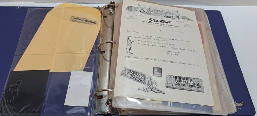 binder, Planters Peanuts ephemera: large, 3 ring binder full of various Planters Peanuts ephemera, including: letters, books, decals, pull tab header cards, wrappers, coupons, etc... most in good condition, binder approx. 11" x 11.5"