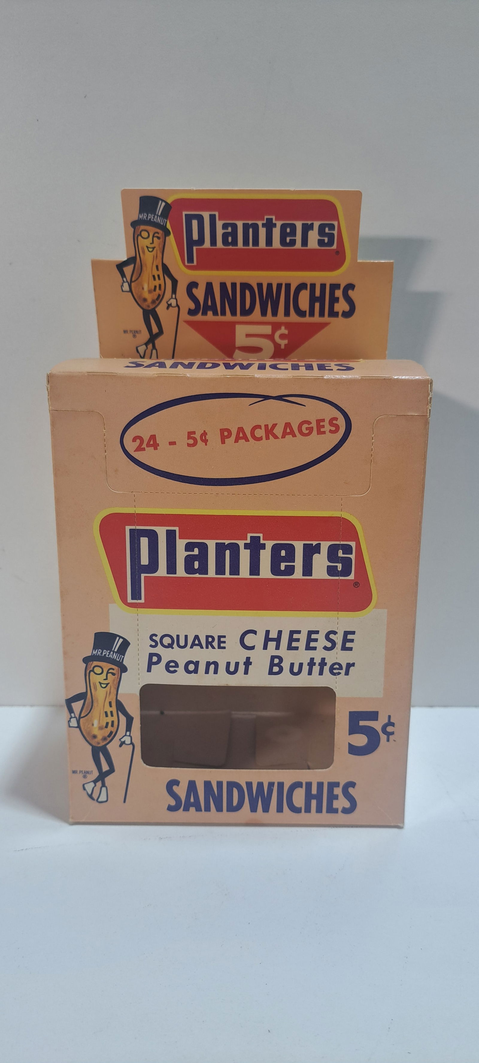 Planters Peanuts display box: die cut cardboard display box for Planters Peanuts, square cheese peanut butter sandwiches, 5 cents, Standard Brands era, good condition with minor wear, approx. 5.25" x 4" x 10", Please note: if pick