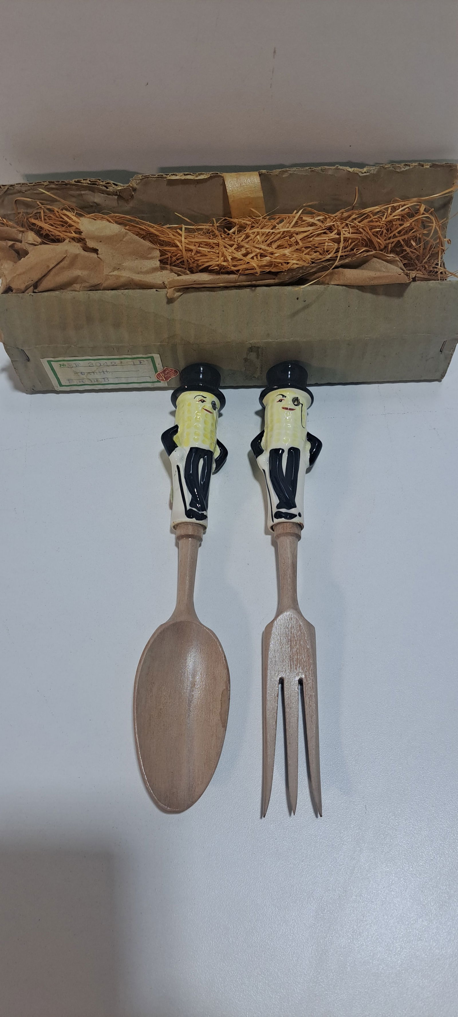 Mr. Peanut salad fork & spoon: Mr. Peanut, ceramic and wood, salad fork and spoon in original box, both pieces, and box have manufacturer's sticker, both have rhinestones in monocle, both in very good condition, each approx. 10"