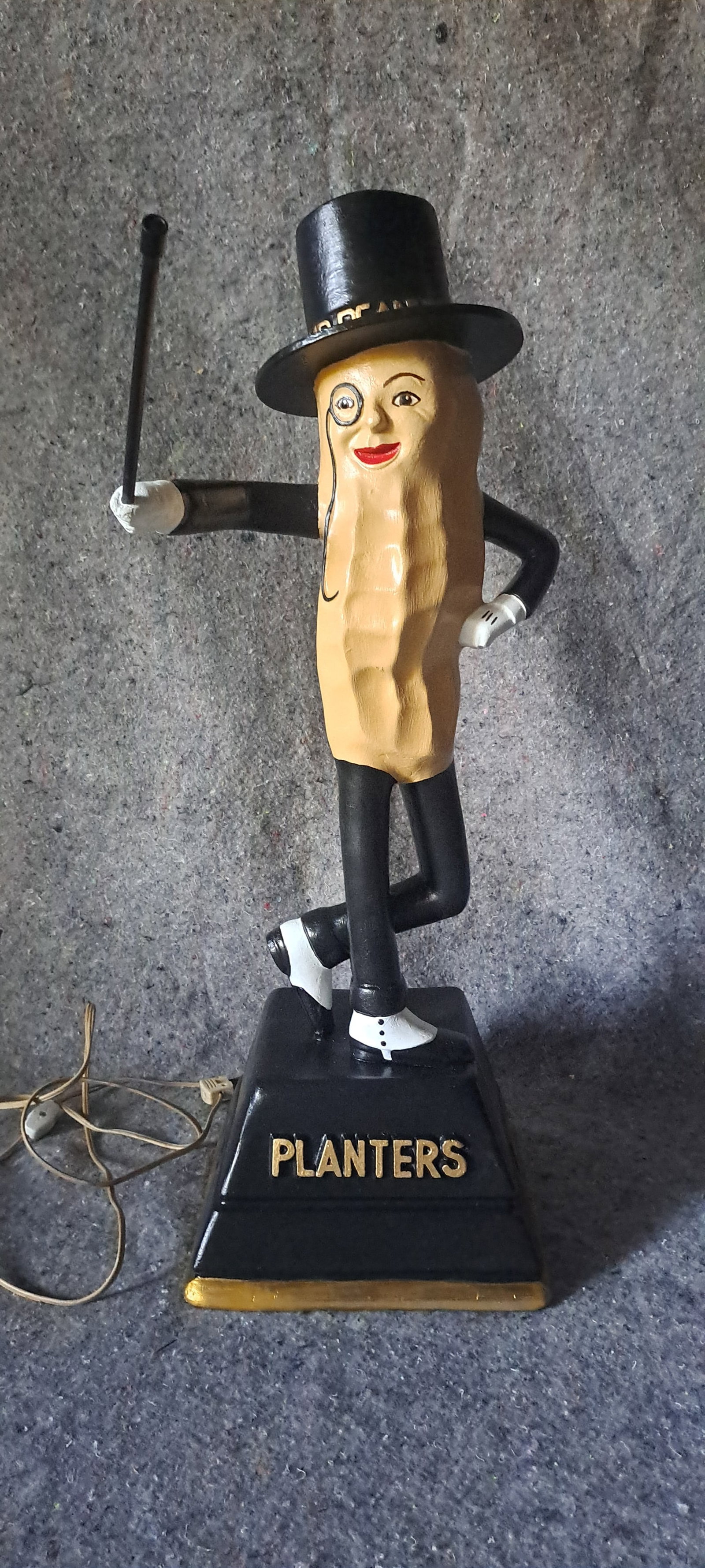 Mr. Peanut tapper: Extremely rare, Mr. Peanut tapper made by Old King Cole store displays out of Canton Ohio. This would have been displayed in the store front of a Planters Peanuts store. His arm is mechanical and his