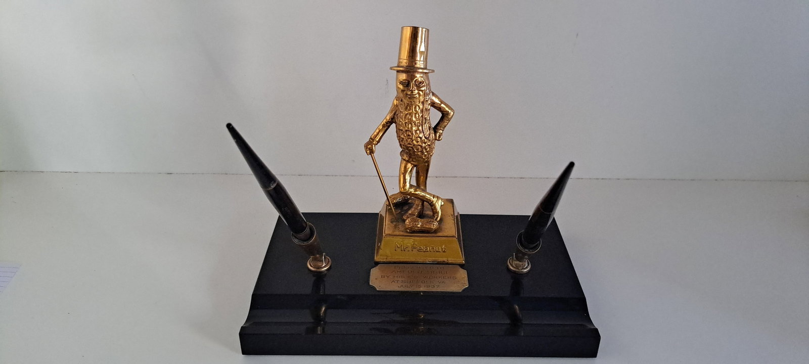 Rare Mr. Peanut desk set: Extremely Rare!!! Mr. Peanut, figural desk set. This was special made, and presented to Amedeo Obici, the founder of Planters Peanuts, on his birthday, July 15, 1937. This was from his co-workers at S