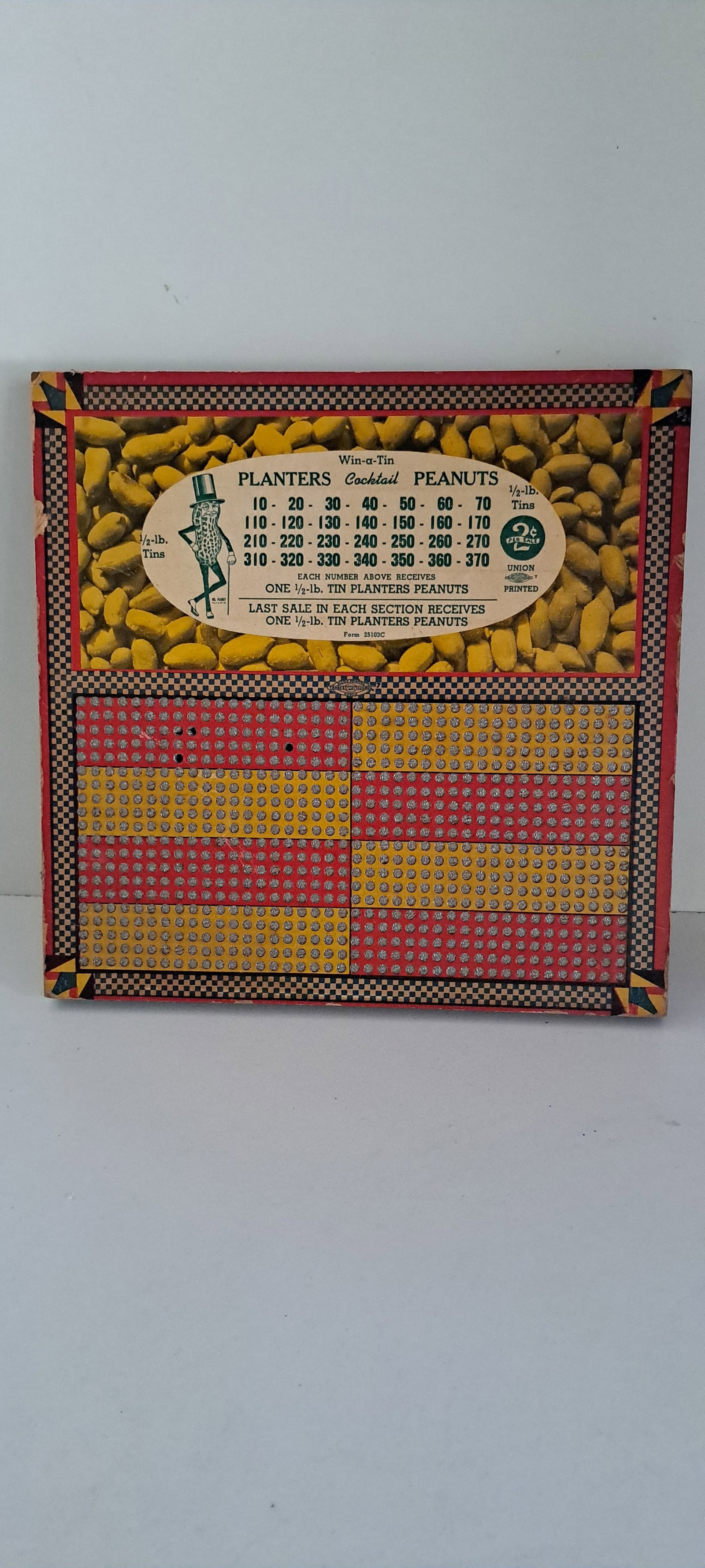 Planters Peanuts punchboard: Planters Peanuts punchboard, with Mr. Peanut. 3 holes have been punched, shows light wear. Approx. 9.25" x 9". Please see our shipping policy for options.