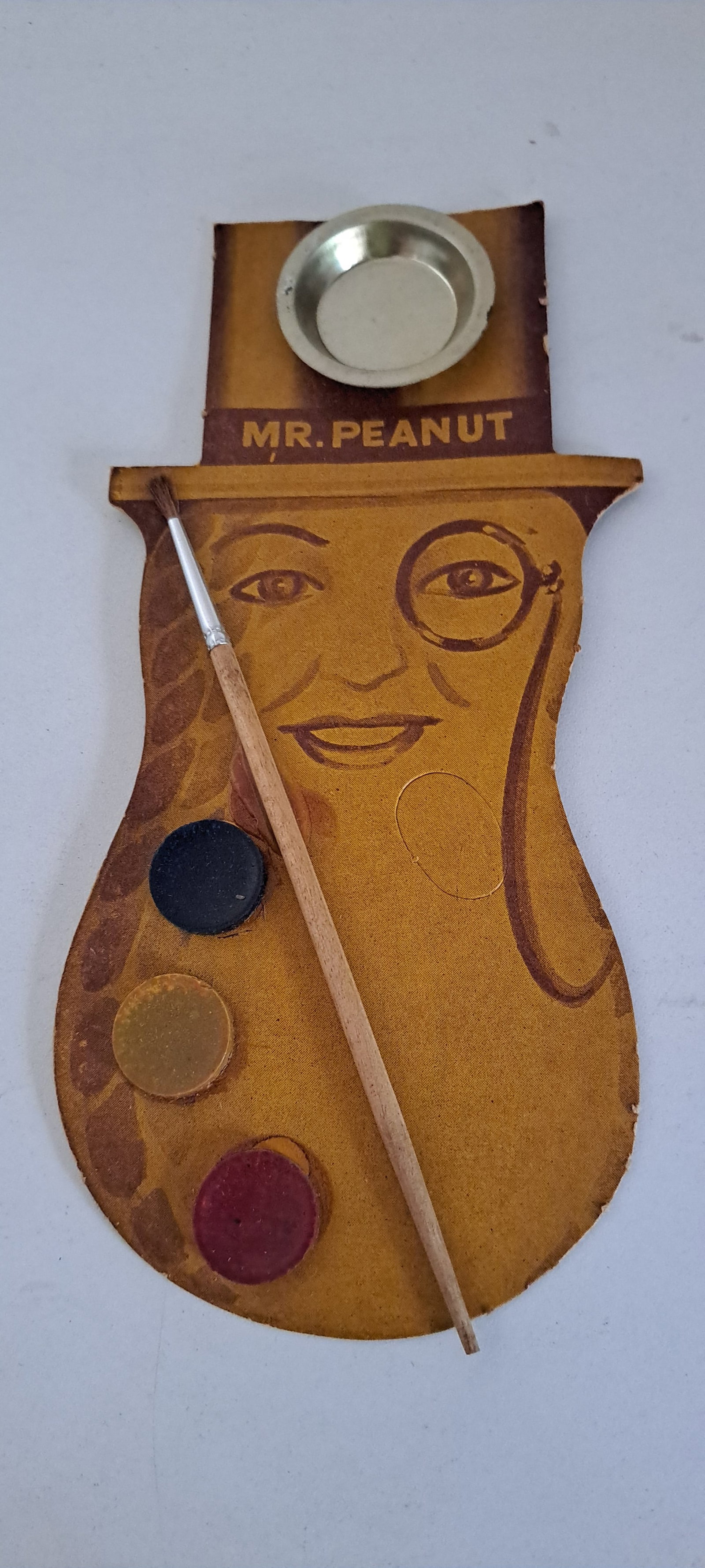 Mr. Peanut paint set: Mr. Peanut, cardboard, watercolor paint set. Unused, in very good condition, complete with brush. Approx. 4.25" x 9". Please see our shipping policy for options.