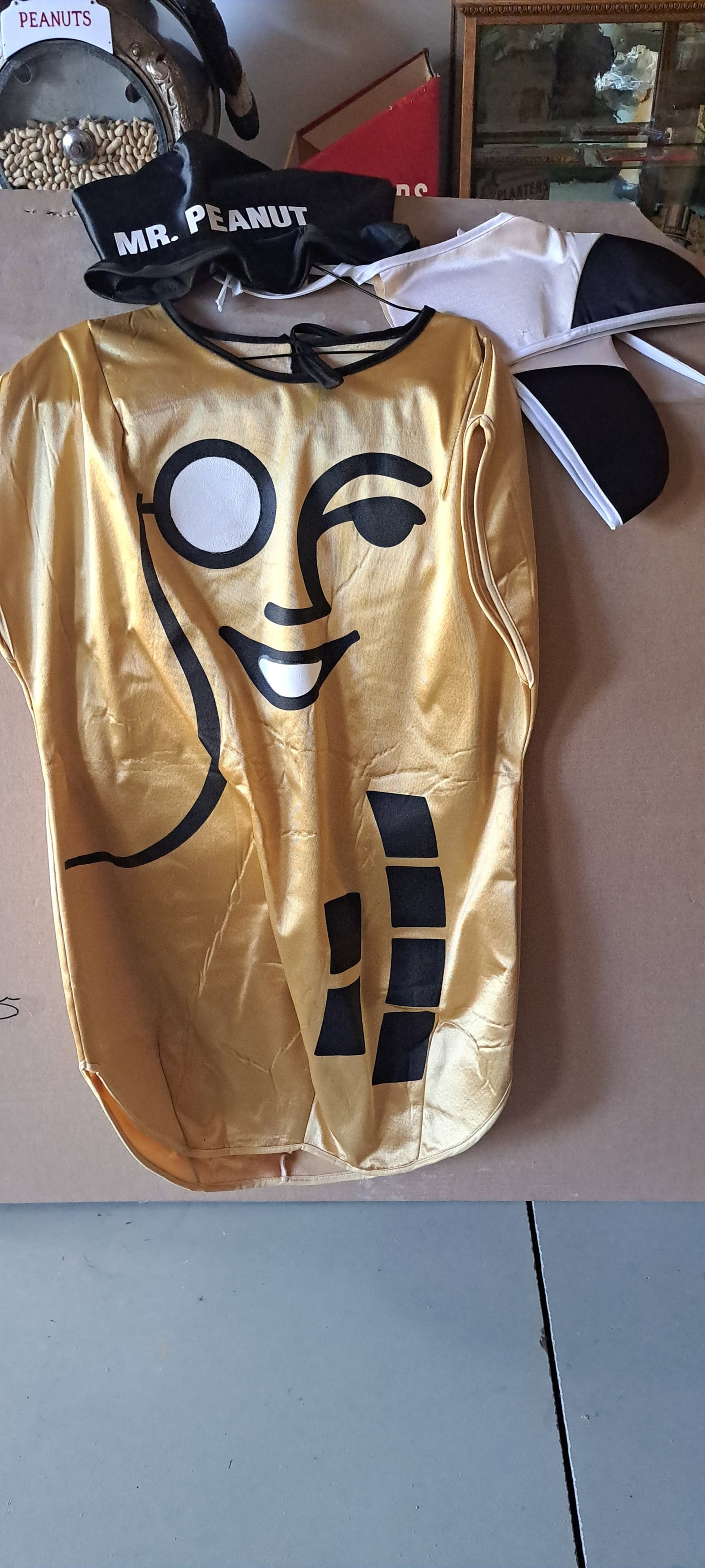 Mr. Peanut costume: Mr. Peanut, fabric costume, with hat and spats. Adult size. Good condition. Please see our shipping policy for options.